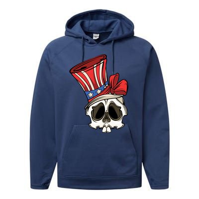 Patriotic Cute Skull American Flag 4th Of July Gift Performance Fleece Hoodie