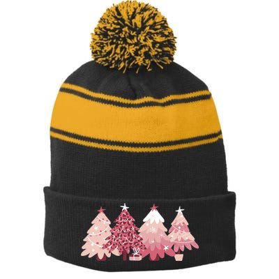 Pink Christmas Tree Holiday Stripe Pom Pom Beanie