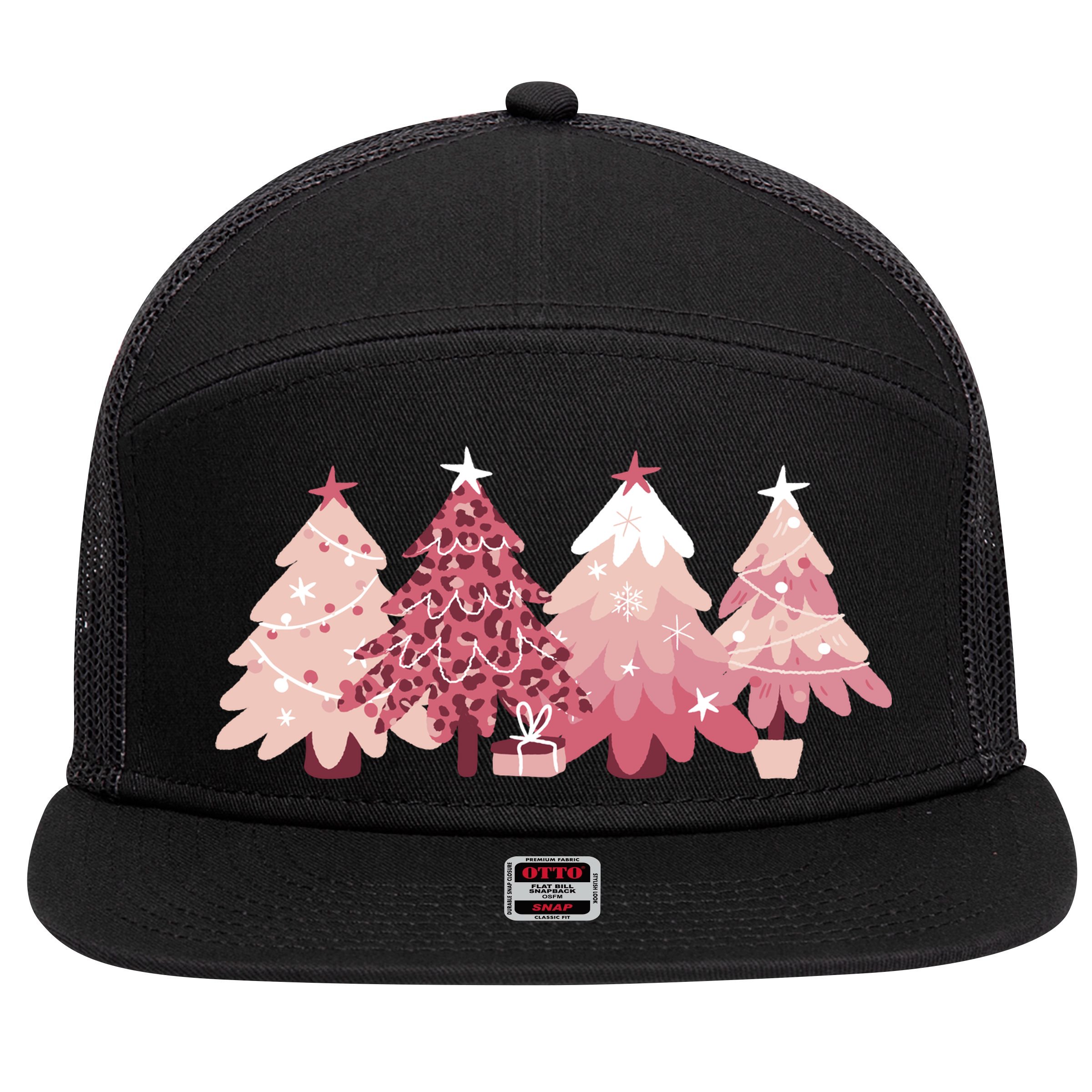 Pink Christmas Tree Holiday 7 Panel Mesh Trucker Snapback Hat