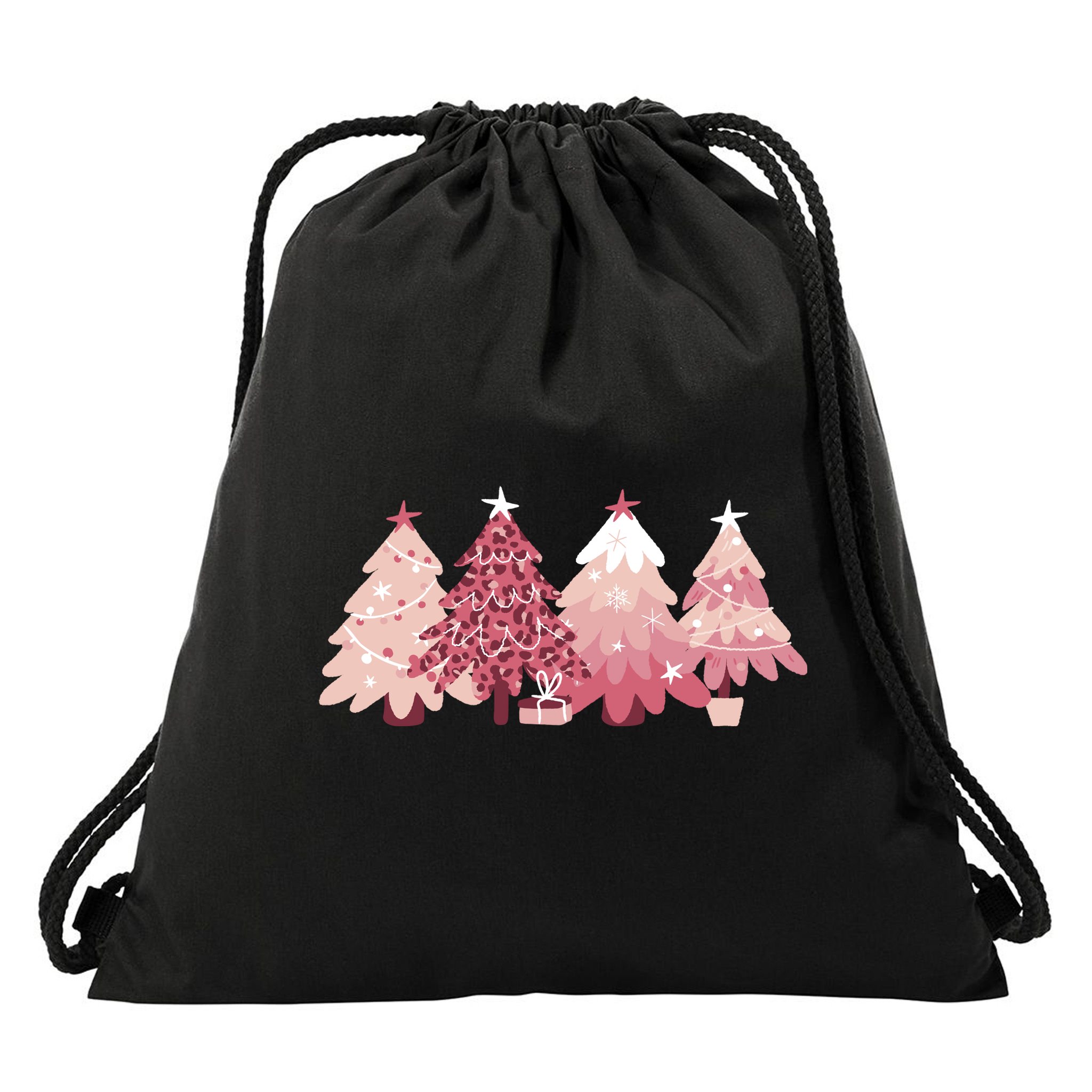 Pink Christmas Tree Holiday Drawstring Bag