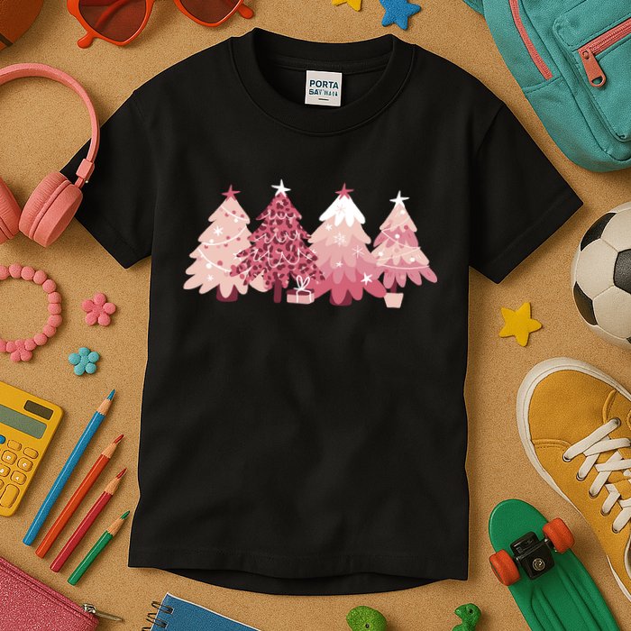 Pink Christmas Tree Holiday Kids T-Shirt