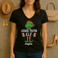 Personalized Cookie Tester Elf Family Matching Charismas Custom Name Women's V-Neck T-Shirt