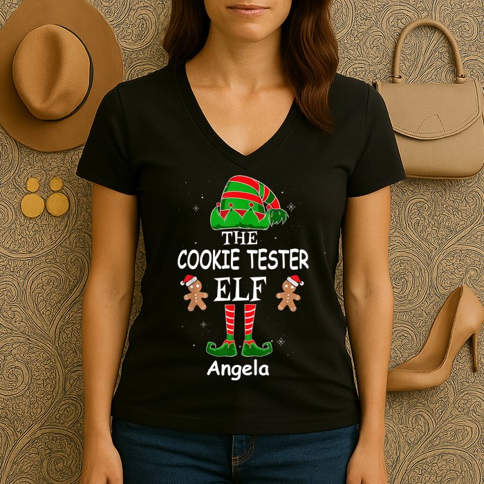 Personalized Cookie Tester Elf Family Matching Charismas Custom Name Women's V-Neck T-Shirt