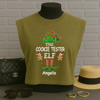 Personalized Cookie Tester Elf Family Matching Charismas Custom Name Garment-Dyed Women's Muscle Tee