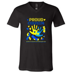 Proud Cousin T21 World Down Syndrome Awareness Day Ribbon Gift V-Neck T-Shirt