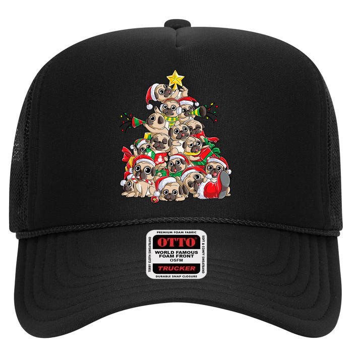 Pug Christmas Tree Dog Santa Xmas Merry Dogmas High Crown Mesh Back Trucker Hat