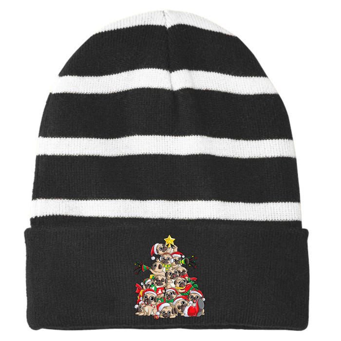 Pug Christmas Tree Dog Santa Xmas Merry Dogmas Striped Beanie with Solid Band