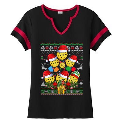 Pickleball Christmas Tree Ugly Sweater Santa Paddle Ball Gift Ladies Halftime Notch Neck Tee