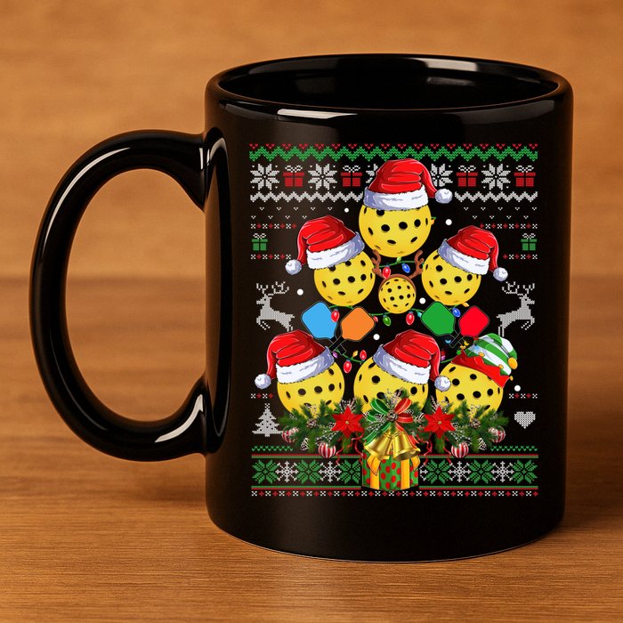Pickleball Christmas Tree Ugly Sweater Santa Paddle Ball Gift 11oz C Handle Ceramic Mug