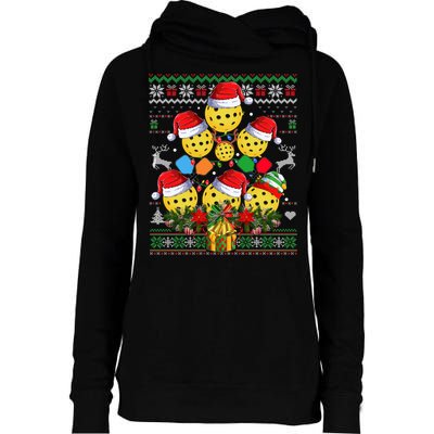 Pickleball Christmas Tree Ugly Sweater Santa Paddle Ball Gift Womens Funnel Neck Pullover Hood