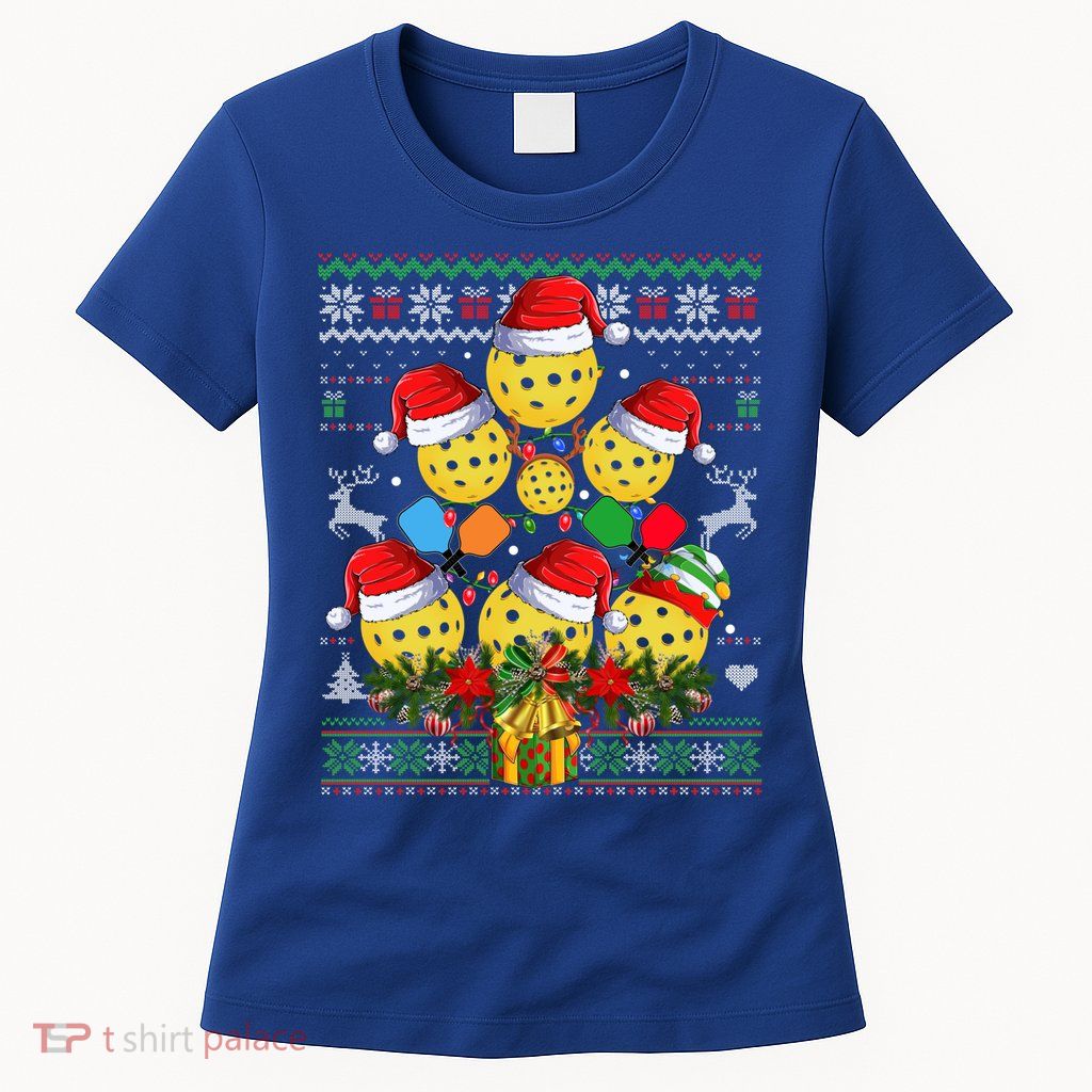 Pickleball Christmas Tree Ugly Sweater Santa Paddle Ball Gift Womens T-Shirt