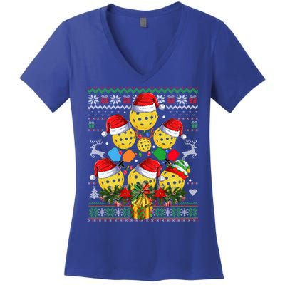 Pickleball Christmas Tree Ugly Sweater Santa Paddle Ball Gift Women's V-Neck T-Shirt