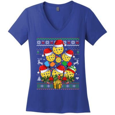 Pickleball Christmas Tree Ugly Sweater Santa Paddle Ball Gift Women's V-Neck T-Shirt