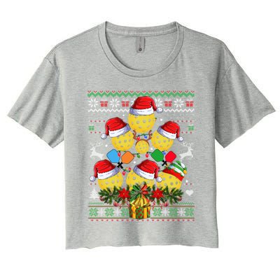 Pickleball Christmas Tree Ugly Sweater Santa Paddle Ball Gift Women's Crop Top Tee