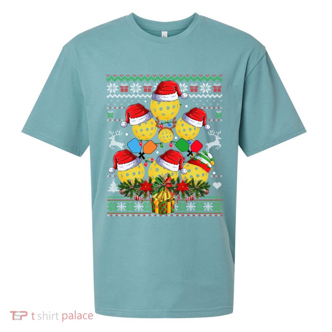 Pickleball Christmas Tree Ugly Sweater Santa Paddle Ball Gift Sueded Cloud Jersey T-Shirt