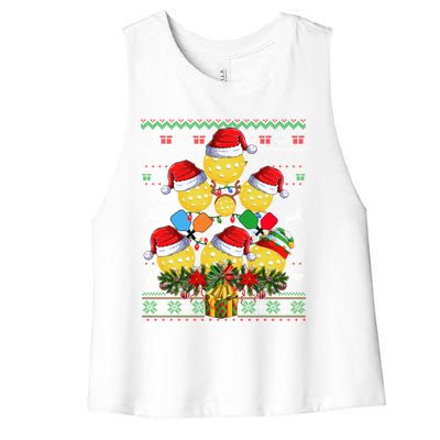 Pickleball Christmas Tree Ugly Sweater Santa Paddle Ball Gift Women's Racerback Cropped Tank