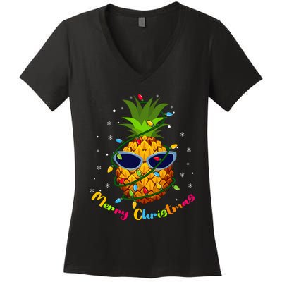 Pineapple Christmas Tree Lights Xmas Lovers Women's V-Neck T-Shirt