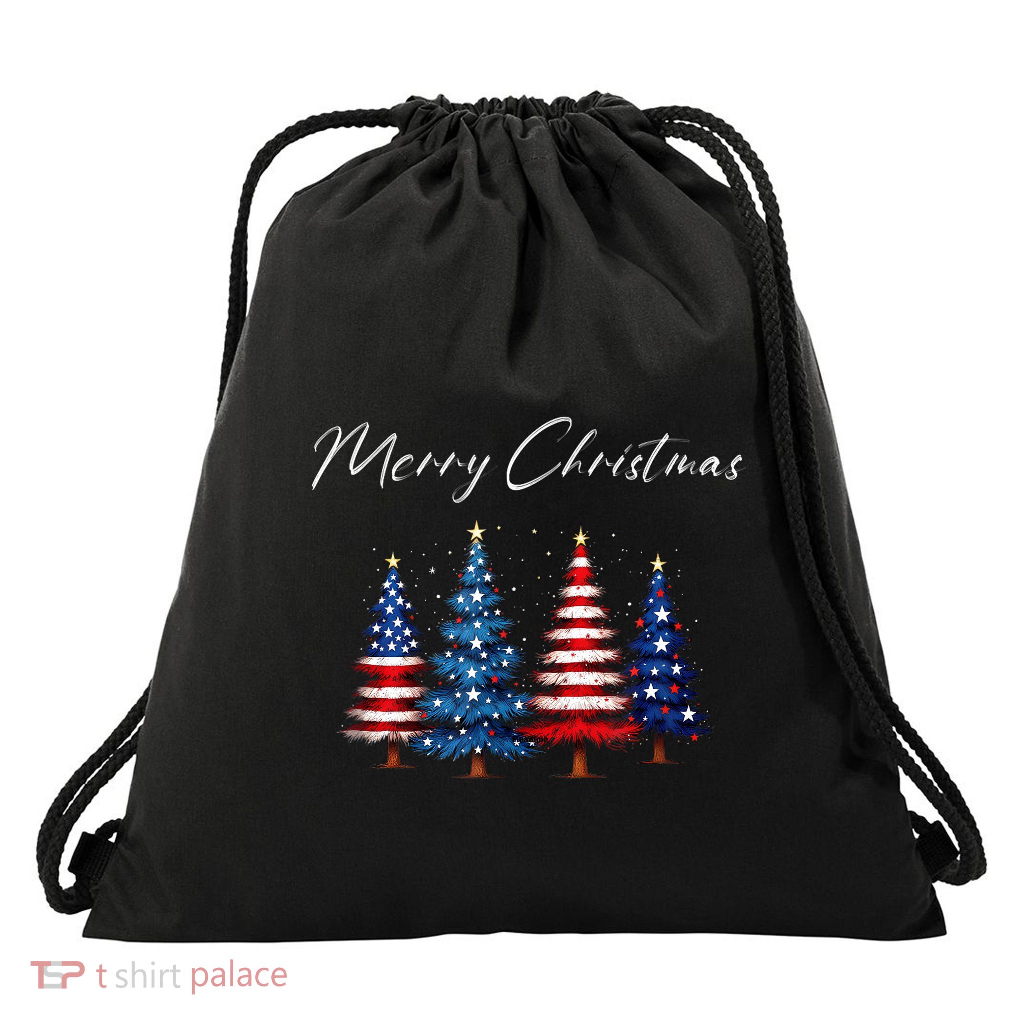 Patriotic Christmas Tree With American Flag Colors Drawstring Bag