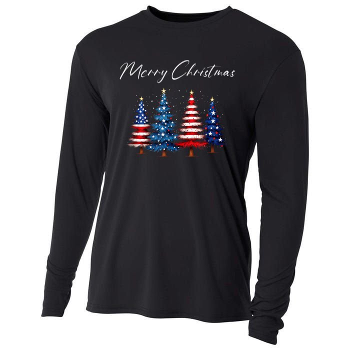 Patriotic Christmas Tree With American Flag Colors Cooling Performance Long Sleeve Crew