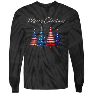 Patriotic Christmas Tree With American Flag Colors Tie-Dye Long Sleeve Shirt