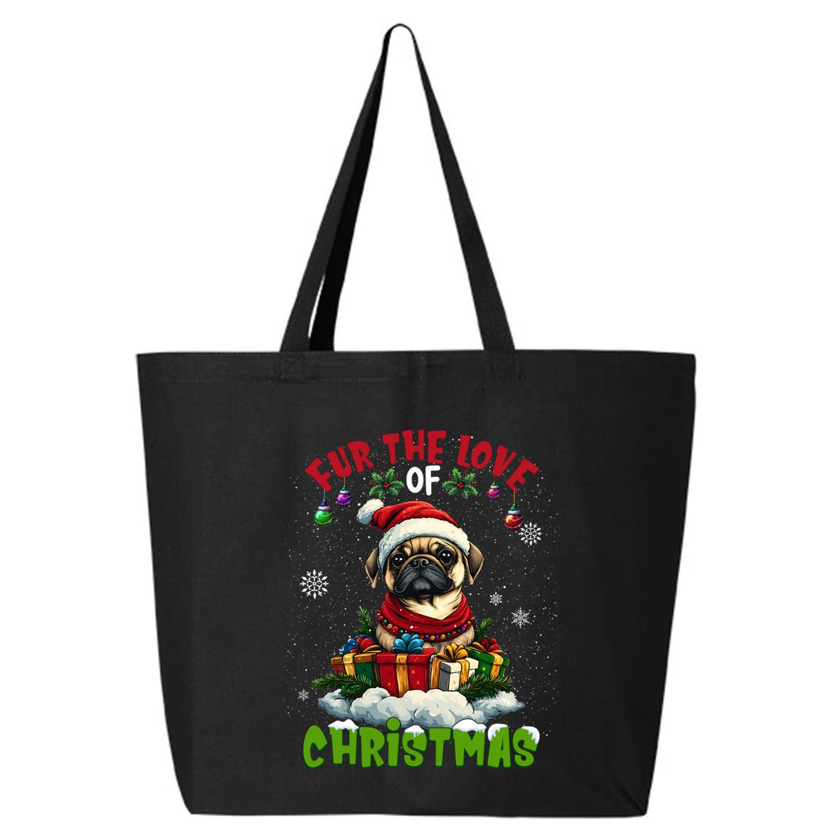 Pug Christmas Tree Lights Decorations Dog Lover Xmas Funny Gift 25L Jumbo Tote