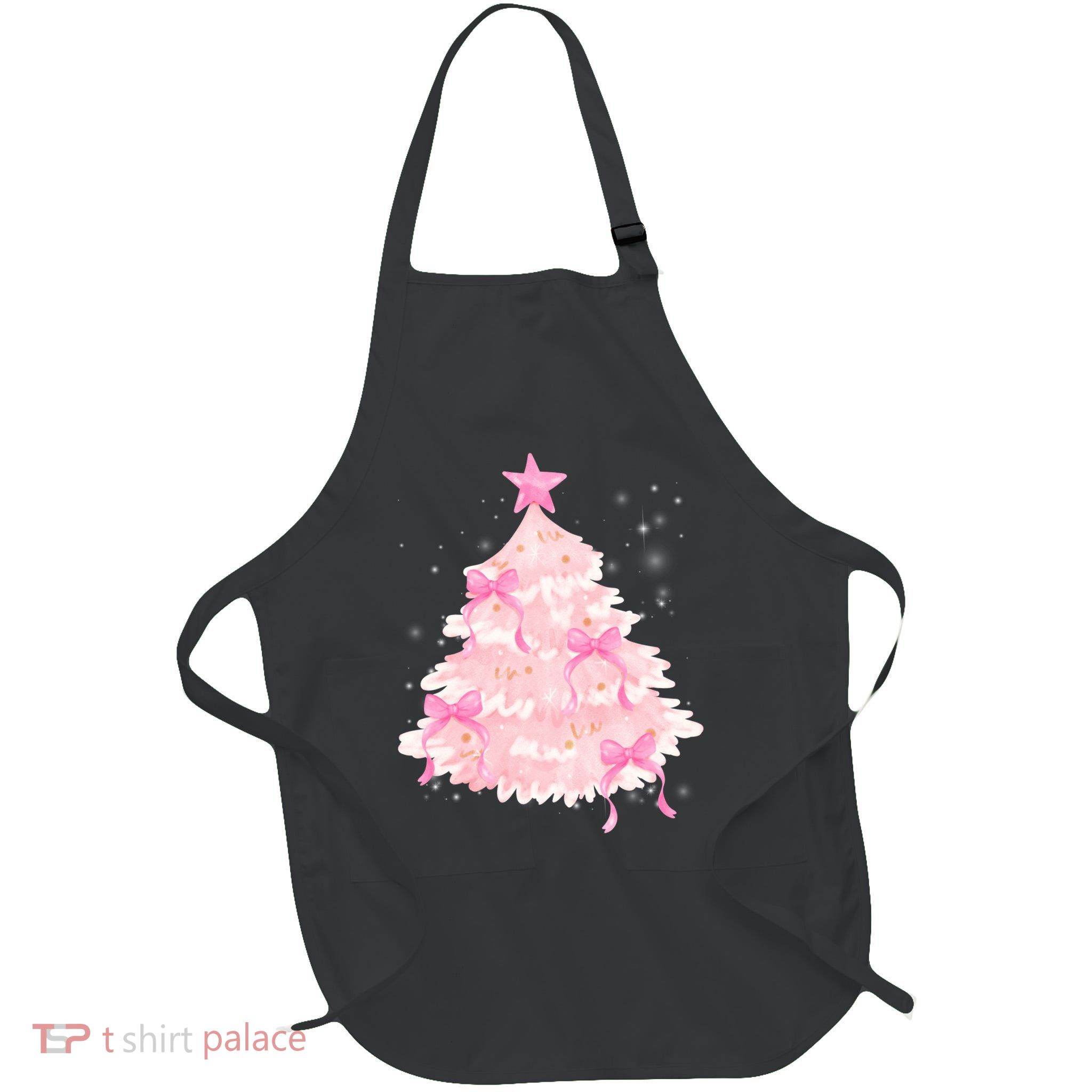 Pink Christmas Tree Bow Cute Holiday Full-Length Apron With Pockets