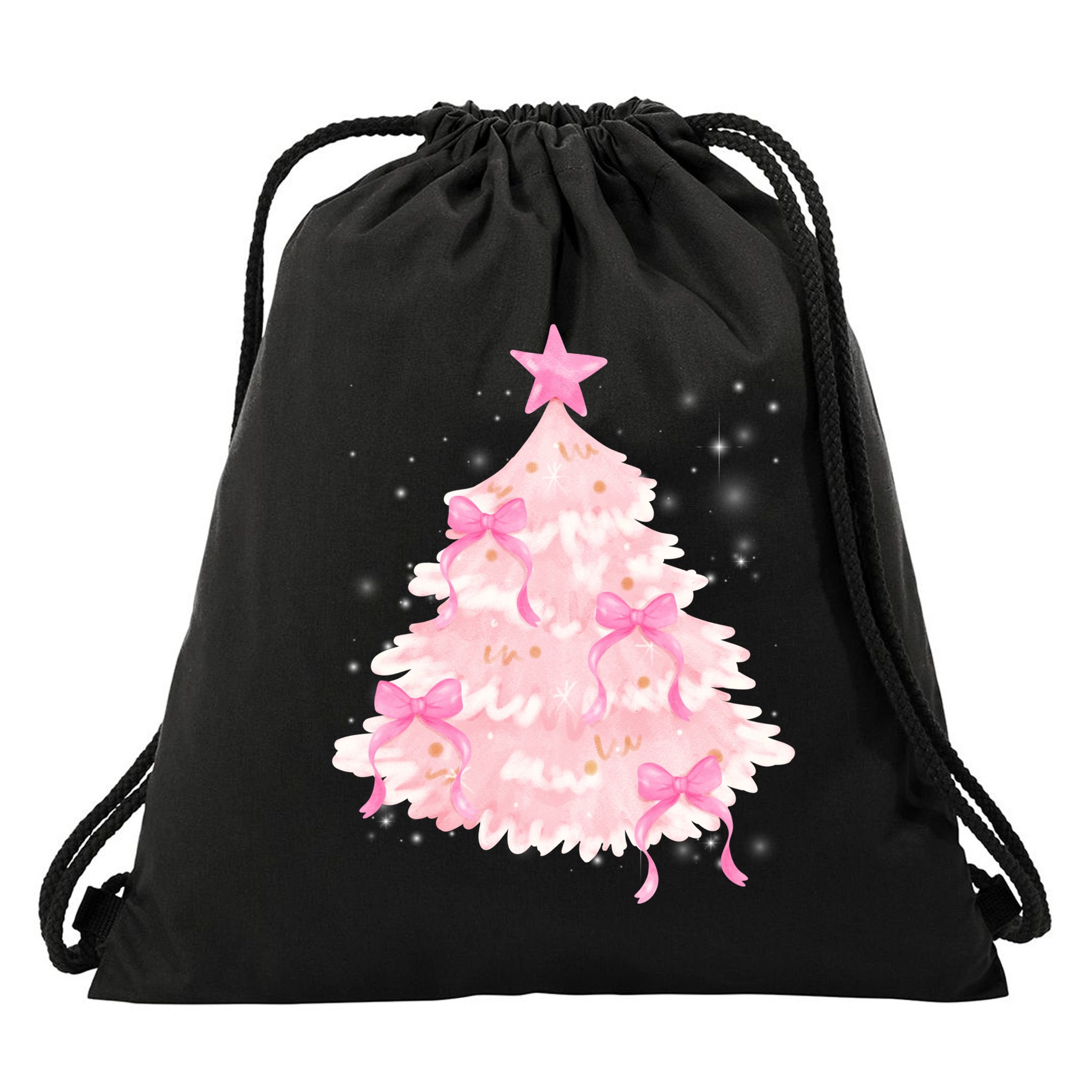 Pink Christmas Tree Bow Cute Holiday Drawstring Bag