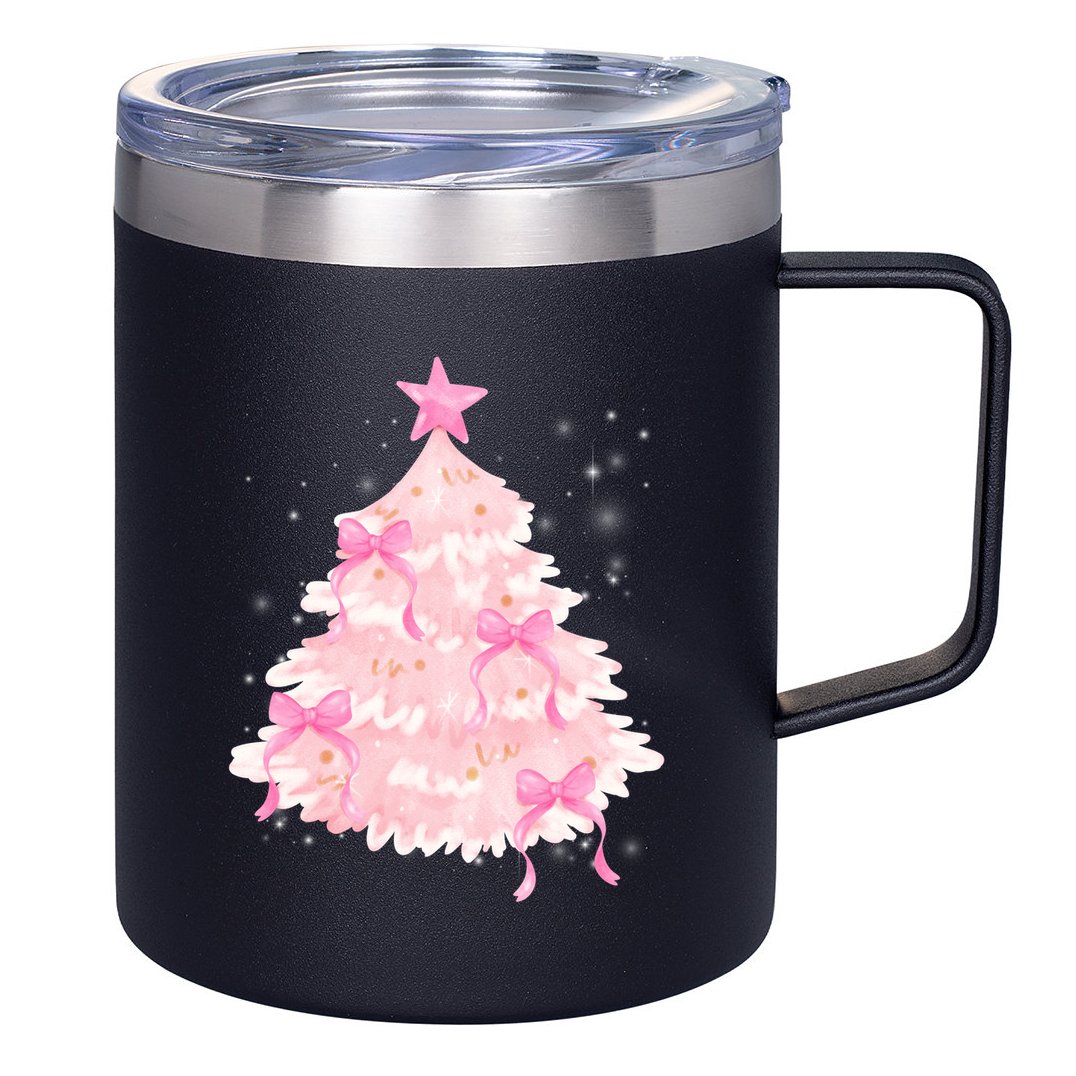 Pink Christmas Tree Bow Cute Holiday 12oz Stainless Steel Coffee Mug