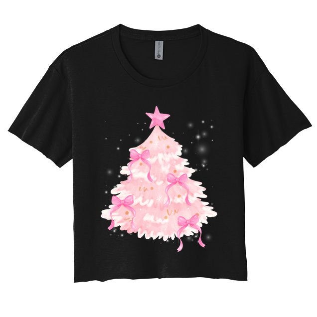 Pink Christmas Tree Bow Cute Holiday Crop Top
