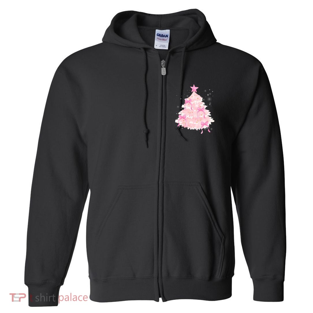 Pink Christmas Tree Bow Cute Holiday Full Zip Hoodie