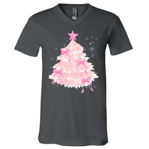 Pink Christmas Tree Bow Cute Holiday V-Neck T-Shirt