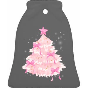 Pink Christmas Tree Bow Cute Holiday Ceramic Bell Ornament