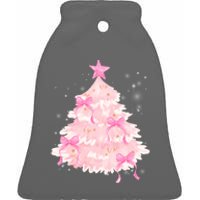 Pink Christmas Tree Bow Cute Holiday Ceramic Bell Ornament