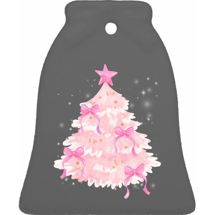 Pink Christmas Tree Bow Cute Holiday Ceramic Bell Ornament