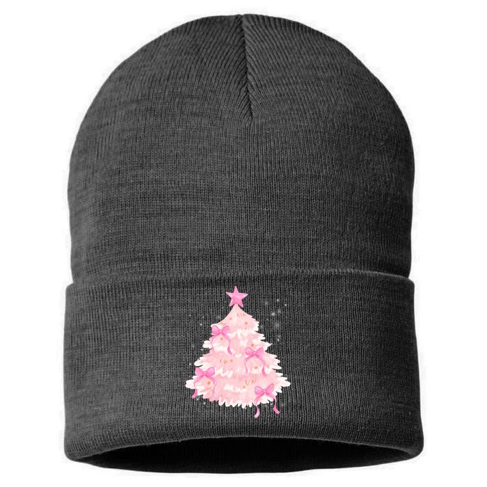 Pink Christmas Tree Bow Cute Holiday Sustainable Knit Beanie