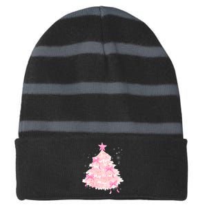 Pink Christmas Tree Bow Cute Holiday Striped Beanie with Solid Band