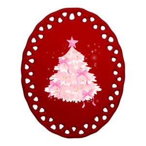 Pink Christmas Tree Bow Cute Holiday Ceramic Oval Ornament