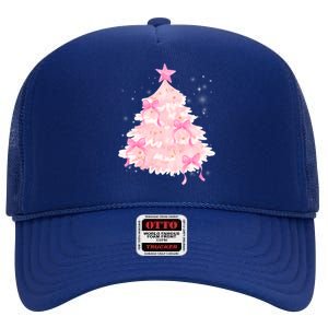 Pink Christmas Tree Bow Cute Holiday High Crown Mesh Back Trucker Hat