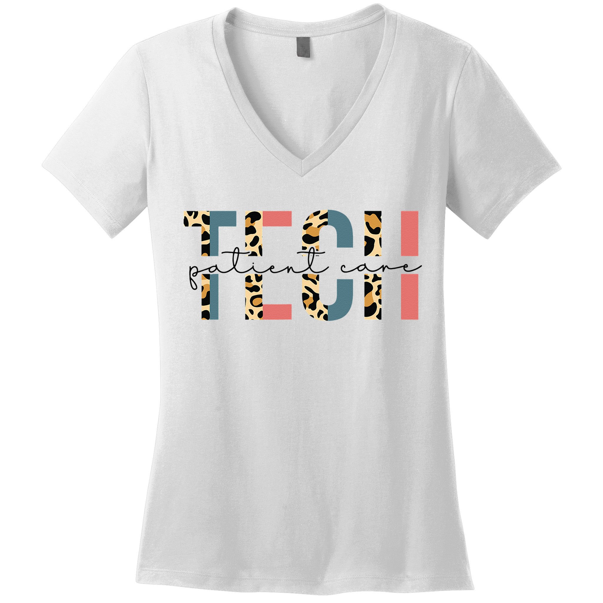 Patient Care Tech Leopard Patient Care Technician PCT Women's V-Neck T-Shirt