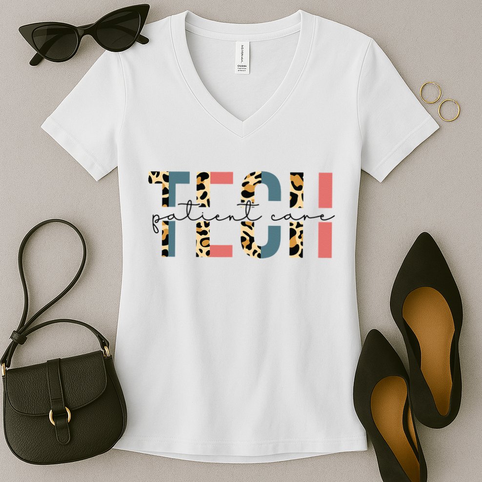 Patient Care Tech Leopard Patient Care Technician PCT Women's V-Neck T-Shirt