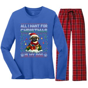 Pug Christmas Tree Lights Decorations Dog Lover Xmas Funny Gift Great Gift Women's Long Sleeve Flannel Pajama Set 