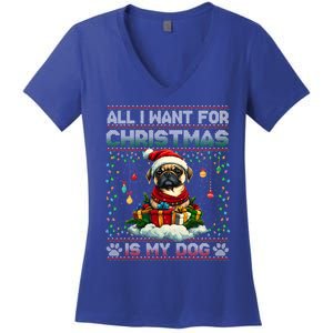 Pug Christmas Tree Lights Decorations Dog Lover Xmas Funny Gift Great Gift Women's V-Neck T-Shirt