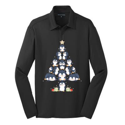 Penguin Christmas Tree Lights Santa Hat Penguin Lover Xmas Gift Silk Touch Performance Long Sleeve Polo