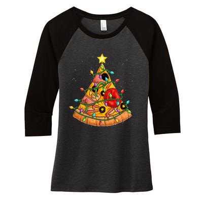 Pizza Christmas Tree Lights Xmas Crustmas Pepperoni Women's Tri-Blend 3/4-Sleeve Raglan Shirt