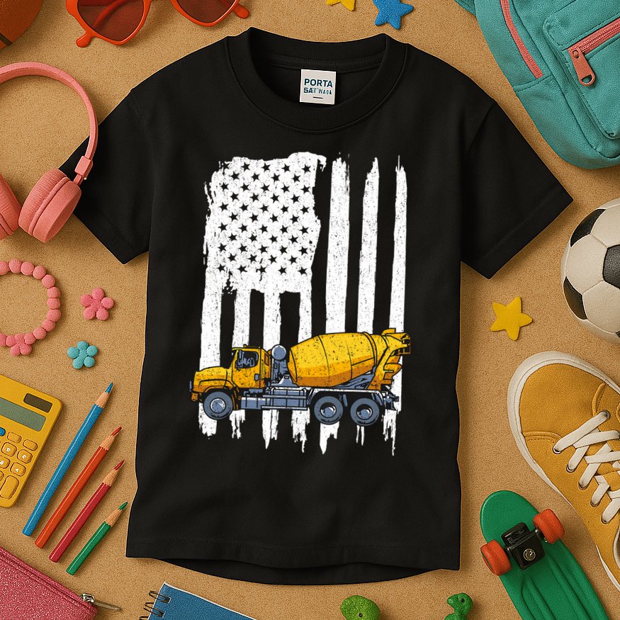 Patriotic Cement Truck Driver Concrete Mixer American Flag Kids T-Shirt