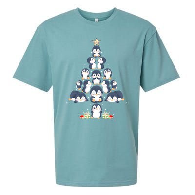 Penguin Christmas Tree Lights Santa Hat Penguin Lover Xmas Funny Gift Sueded Cloud Jersey T-Shirt