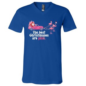 Pink Christmas Tree Santa And Flamingos For Xmas Morning Meaningful Gift V-Neck T-Shirt