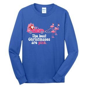 Pink Christmas Tree Santa And Flamingos For Xmas Morning Meaningful Gift Tall Long Sleeve T-Shirt