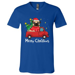 Pug Christmas Truck Tree Mom Dad Dog Funny Xmas Gift V-Neck T-Shirt