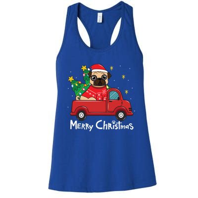 Pug Christmas Truck Tree Mom Dad Dog Funny Xmas Gift Women's Racerback Tank